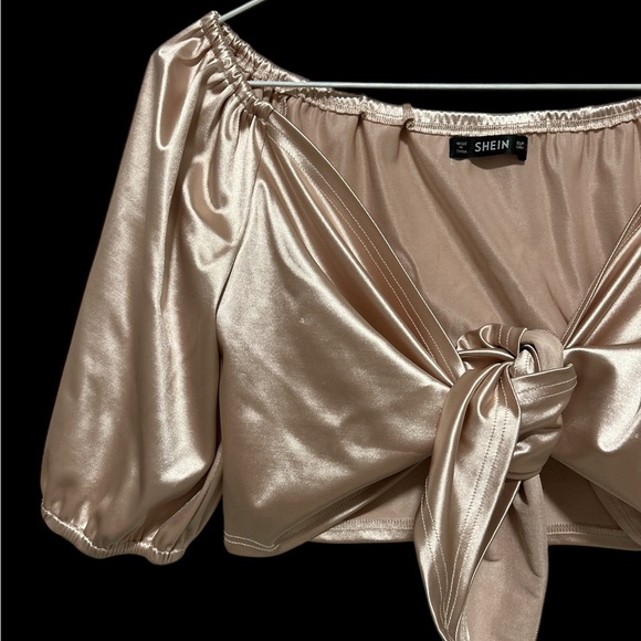 SHEIN Champagne Satin Tie-Front Crop Top - Picture 2 of 4